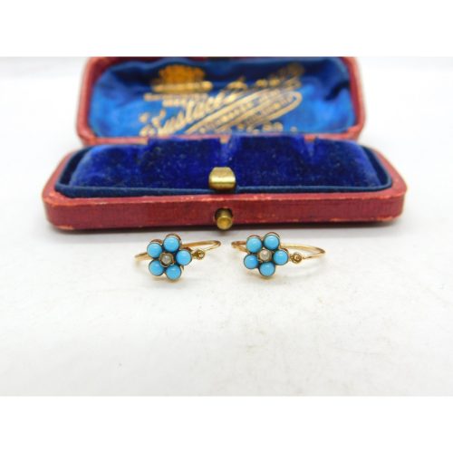 Turquoise and Seed Pearl 14ct Yellow Gold Drop Pendant Earrings Antique Victorian c1890
