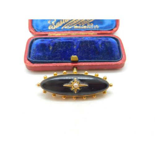 Victorian 15ct Gold, Black Enamel & Pearl Mourning Locket Brooch Antique c1880