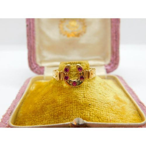 Victorian 15ct Gold & Ruby Set Good Luck Horseshoe Ring Antique 1870 Birmingham