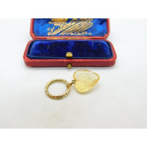 Victorian 15ct Gold Split Ring With 9ct Faceted Citrine Heart Charm Antique 1860