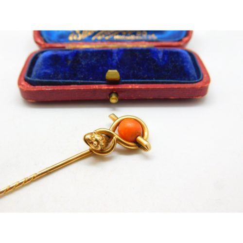 Victorian 15ct Yellow Gold & Coral Snake Serpent Stick Pin Antique c1880