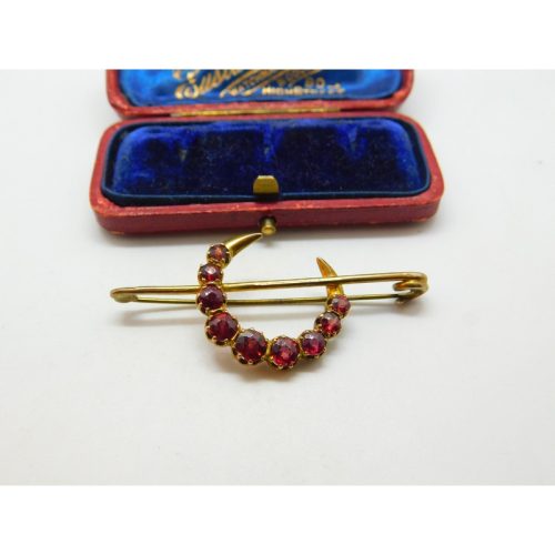 Victorian 15ct Yellow Gold & Garnet Set Crescent Moon Brooch Antique c1880
