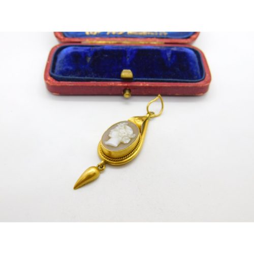 Victorian 18ct Gold & Carved Female Cameo Mourning Drop Pendant Antique c1860