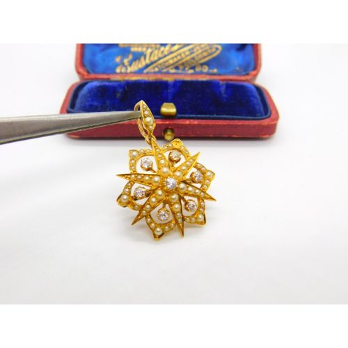 Victorian 18ct Gold, Seed Pearl & 0.4ct Diamond Starburst Brooch Pendant c1890