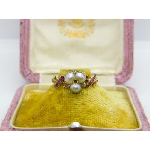 Victorian 18ct Gold Trefoil Set Freshwater Pearl, Ruby & Rose Cut Diamond Ring
