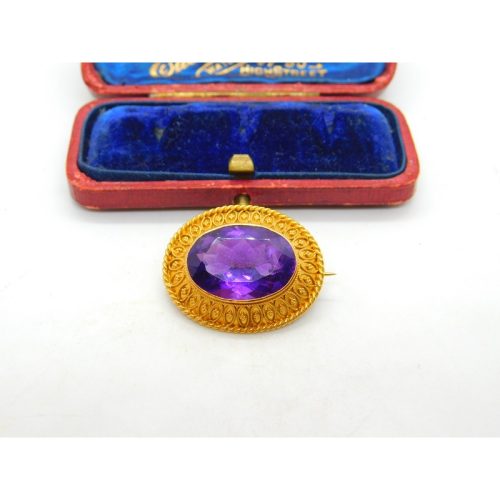 Victorian 18ct Yellow Gold & Amethyst Set Etruscan Style Brooch Antique c1880