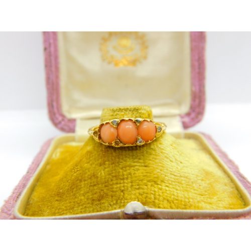Victorian 18ct Yellow Gold, Red Coral & Diamond Band Ring Antique c1890