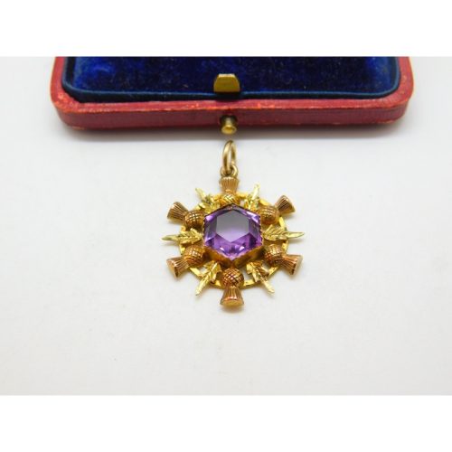 Victorian 9ct Gold & Amethyst Thistle Form Fob Pendant Antique c1890 Scottish
