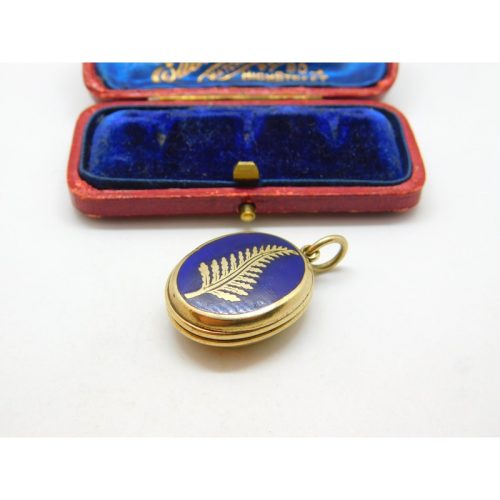 Victorian 9ct Gold Back & Front Fern Leaf Enamel Locket Antique c1890 Good Luck