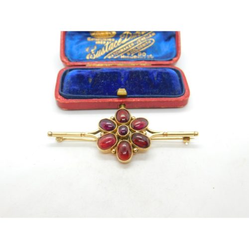 Victorian 9ct Gold & Cabochon Almandine Garnet Large Floral Brooch Antique c1860