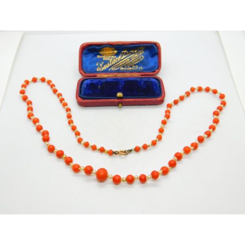 Victorian 9ct Gold Clasp Graduated Coral & Pearl Beaded Necklace Antique c1860