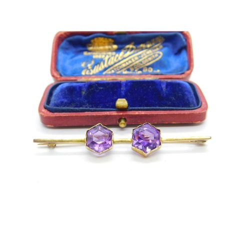 Victorian 9ct Yellow Gold & Hexagonal Cut Amethyst Bar Brooch Antique c1880