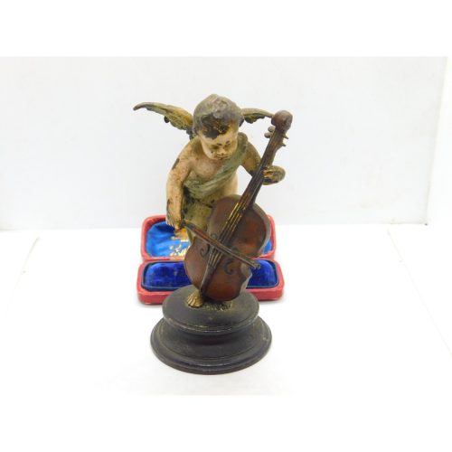 Victorian Cold Painted Vienna Bronze Cherub Playing Cello Sculpture Antique 1860