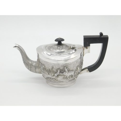 Victorian Kutch Indian Sterling Teapot Elephant, Tiger & Hunting Scenes c1890