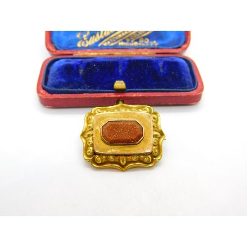 Victorian Pinchbeck Gold & Goldstone Panel Sweetheart Brooch Antique c1860