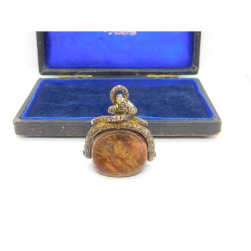 Victorian Snake Pinchbeck Gold & Fire Agate Intaglio Spinner Fob Antique c1860