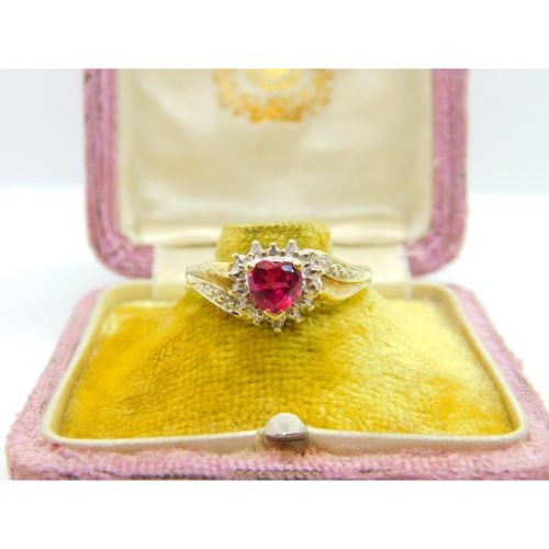 10ct Yellow Gold & Heart Cut Ruby Band Ring Vintage c1990 Size V UK