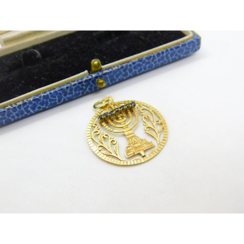 14ct Gold Spinning Jewish Menorah Ruby & Sapphire Set Pendant Vintage c1960