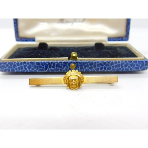 14ct Yellow Gold Native American Chief Bar Brooch Vintage c1960