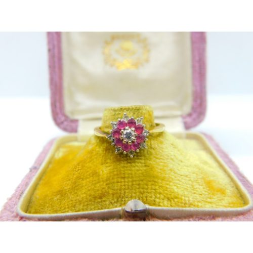 18ct Gold, Ruby & 0.2ct Diamond Floral Cluster Ring Vintage 1978 London