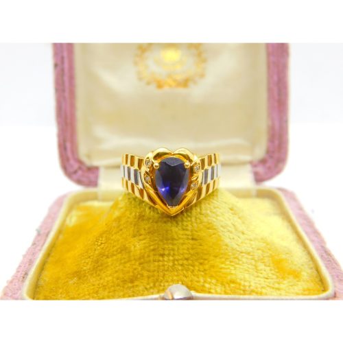 18ct Two-Tone Gold, Pear Cut Iolite & Diamond Heart Form Band Ring Vintage c1980