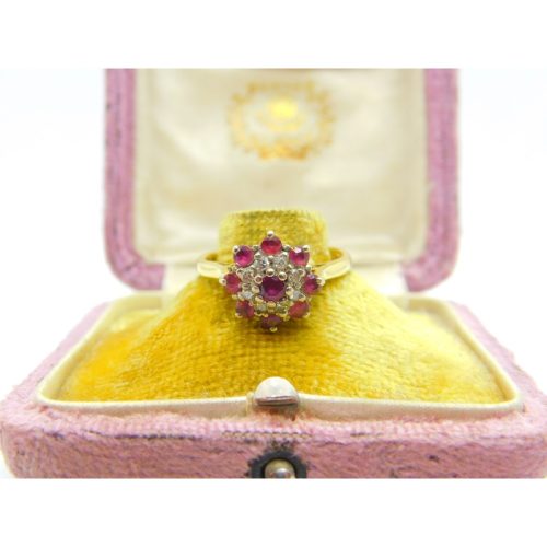 18ct Yellow Gold, Ruby & Diamond Floral Cluster Ring Vintage 1978 London