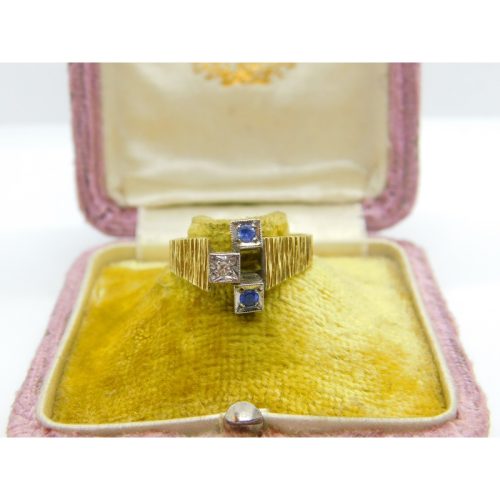 18ct Yellow Gold, Sapphire & Diamond Abstract Modernist Ring Vintage 1971 London