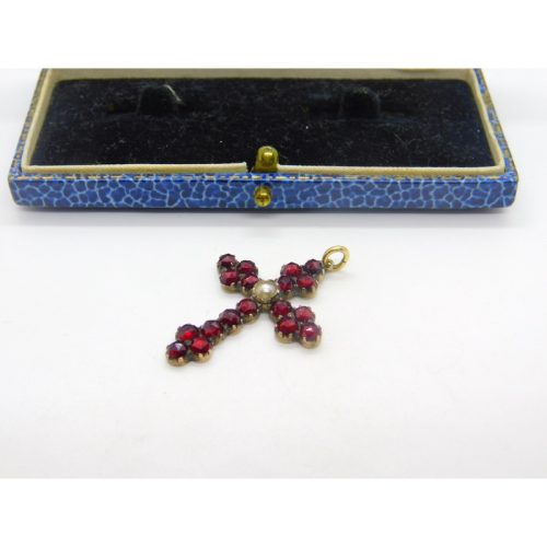 8ct Gold, Bohemian Garnet & Pearl Set Cross Crucifix Pendant Antique c1860