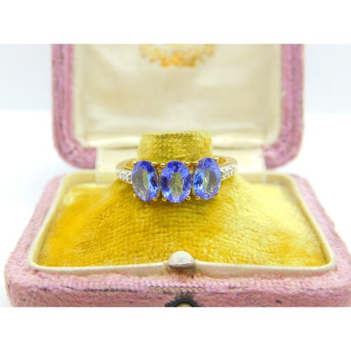 9ct Gold, Iolite & Diamond Three Stone Band Ring Vintage 2012 Birmingham