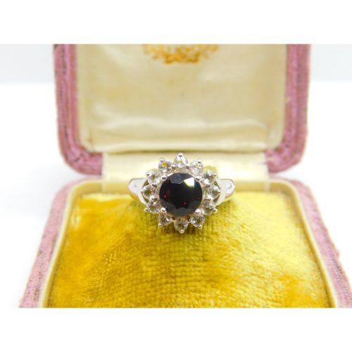 9ct White Gold, Garnet & White Sapphire Floral Cluster Ring Vintage 2006