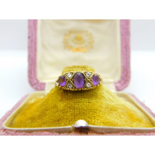 9ct Yellow Gold, Amethyst & Diamond Paste Boat Ring Vintage c1970 Size Q 1/2 UK