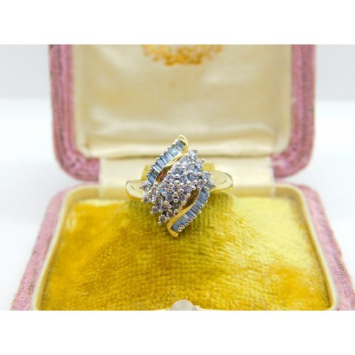 9ct Yellow Gold Baguette & Rose Cut Diamond Cluster Ring Vintage 2002 Birmingham