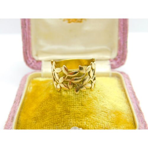 9ct Yellow Gold Band Ring Wreath & Leaf Form Detail Vintage c1990 Birmingham