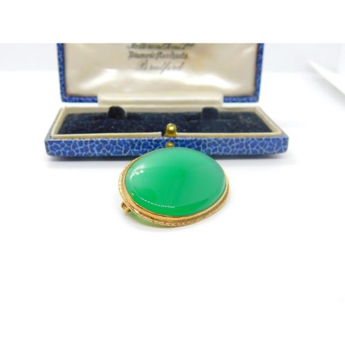 9ct Yellow Gold & Carved Green Agate Brooch Pin Vintage 1994 Birmingham