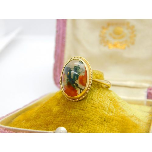 9ct Yellow Gold & Dendritic Moss Agate Cabochon Cut Band Ring Vintage c1970