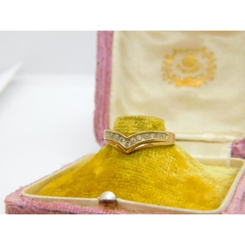 9ct Yellow Gold & Diamond Set Wishbone Band Ring Vintage c1970 Birmingham