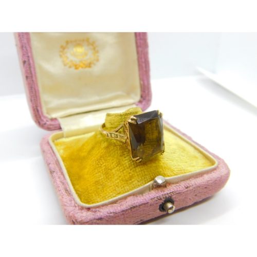 9ct Yellow Gold & Emerald Cut Citrine Cocktail Ring Vintage 1992 Birmingham