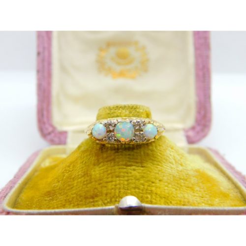 9ct Yellow Gold, Fire Opal & Diamond Victorian Style Boat Ring Vintage c1970
