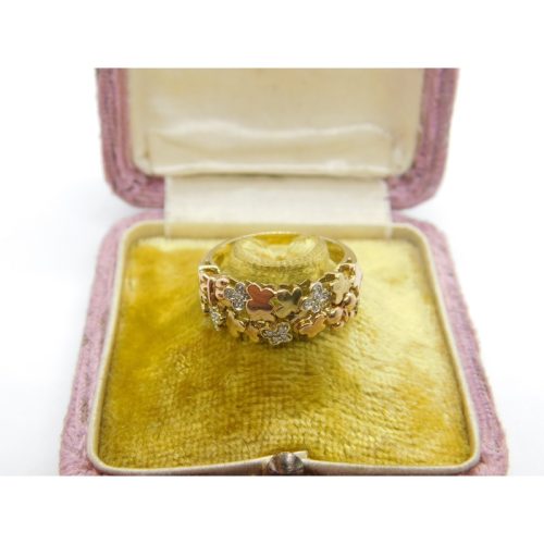 9ct Yellow Gold, Floral Pattern Diamond Set Band Ring Vintage c1980