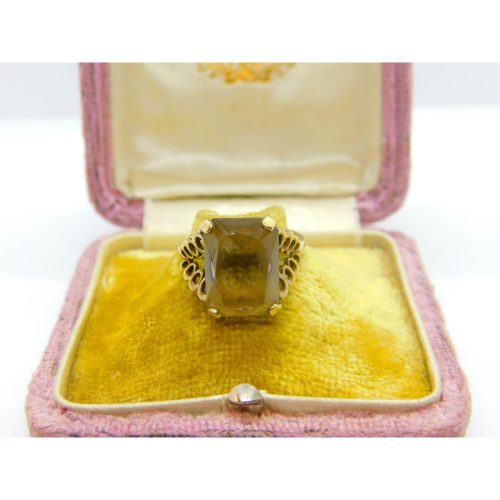 9ct Yellow Gold & Modernist Bubble Shoulder Emerald Cut Citrine Ring 1977