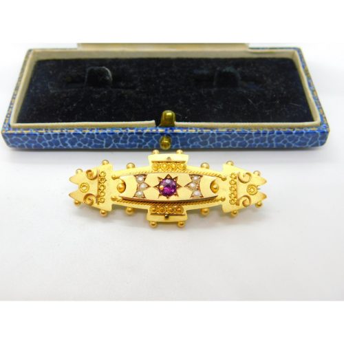 9ct Yellow Gold, Tourmaline & Seed Pearl Etruscan Mourning Brooch Antique 1911 Chester