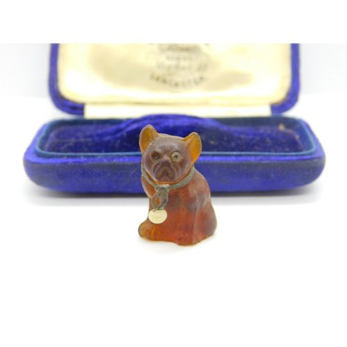 Czechoslovakian Amber Glass Pug Dog Cracker Charm or Keepsake Antique c1920