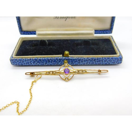 Edwardian 9ct Gold, Amethyst & Seed Pearl Bar Brooch Antique c1910
