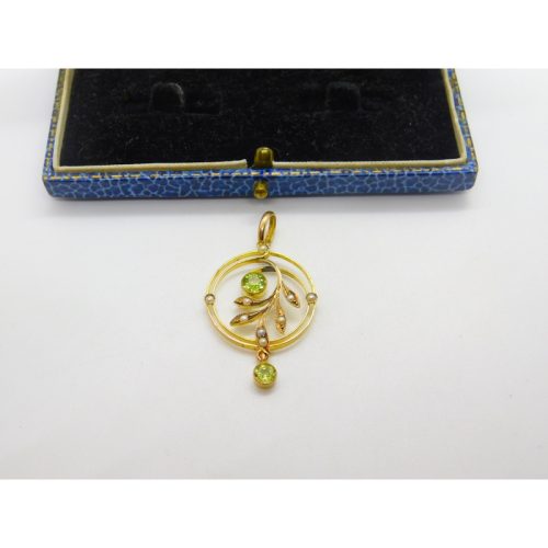 Edwardian 9ct Gold, Peridot & Seed Pearl Suffragette Lavalier Pendant Antique