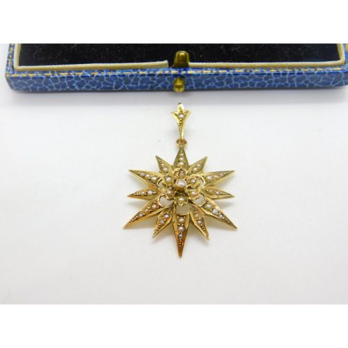 Edwardian 9ct Gold, Seed Pearl & Diamond Starburst Drop Pendant Antique c1910