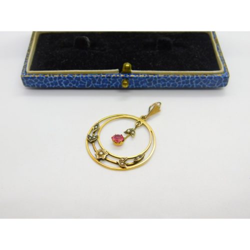 Edwardian 9ct Gold, Topaz & Seed Pearl Lavalier Moon Drop Pendant Antique c1910