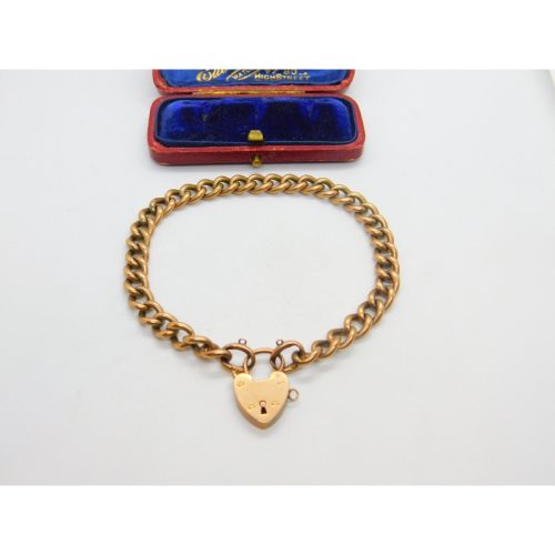 Edwardian 9ct Rose Gold Curb Charm Bracelet with Heart Lock Clasp Antique c1910