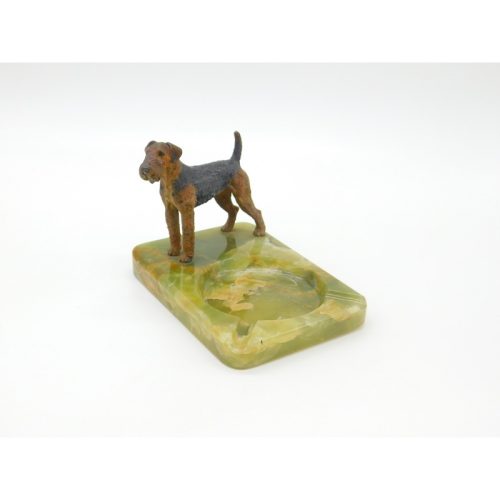 Edwardian Cold Painted Bronze Airedale Dog & Green Onyx Ashtray Antique c1910