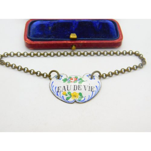 Georgian Bilston Enamel ‘Eau De Vie’ Fruit Brandy Decanter Label Antique c1830