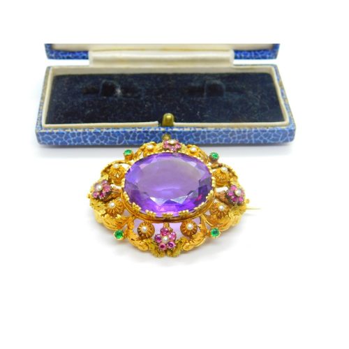 Georgian Cannetille 22ct Gold Amethyst, Ruby, Emerald & Pearl Statement Brooch c1820 Regency